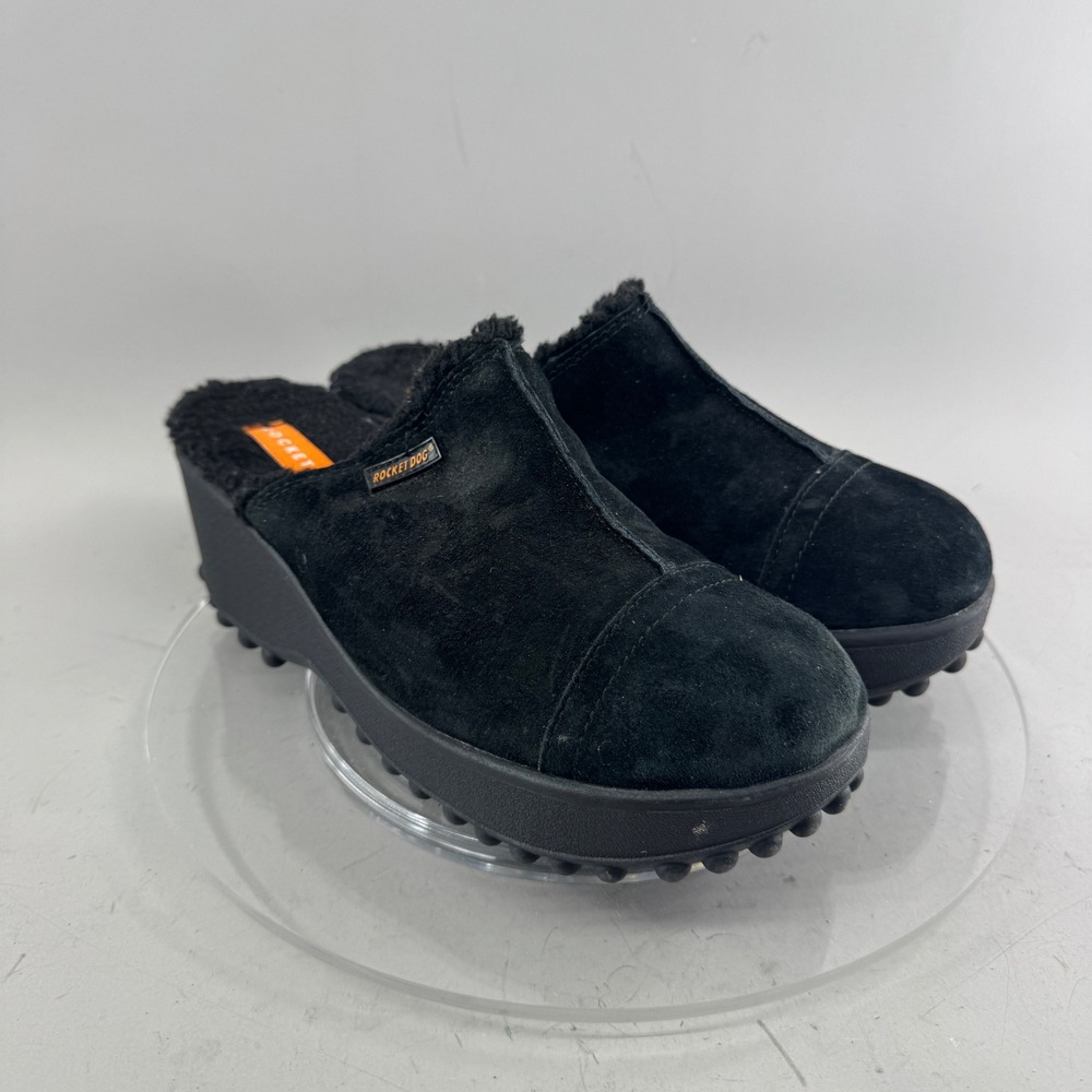 Rocket Dog Womens Platform Mules Black Suede Faux Fur Clog Wedge Size 9